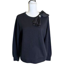 LOFT Black Long Sleeve Sweatshirt with Shoulder Bow and Rhinestone Brooch Medium
